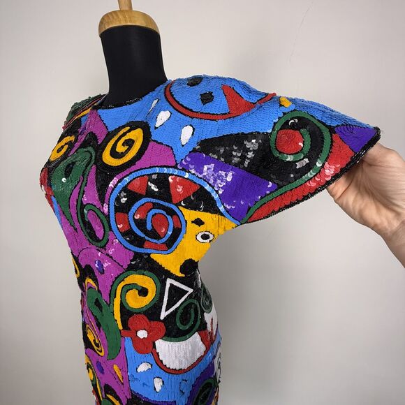 Vintage 80s Laurence Kazar Silk Beaded Sequin Dress | Abstract Geometric Sheath - Picture 7 of 14